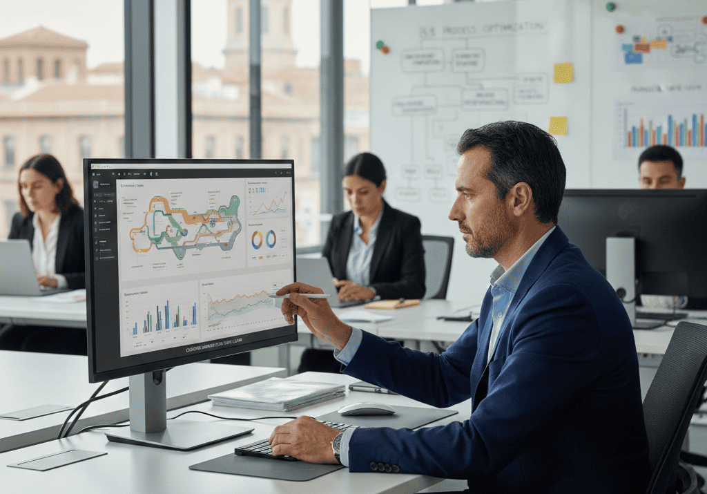 CFO profesional revisando dashboard digital con métricas de customer journey map en pantalla de alta resolución, ambiente de oficina moderna con gráficos de datos financieros y mapas de procesos B2B en segundo plano