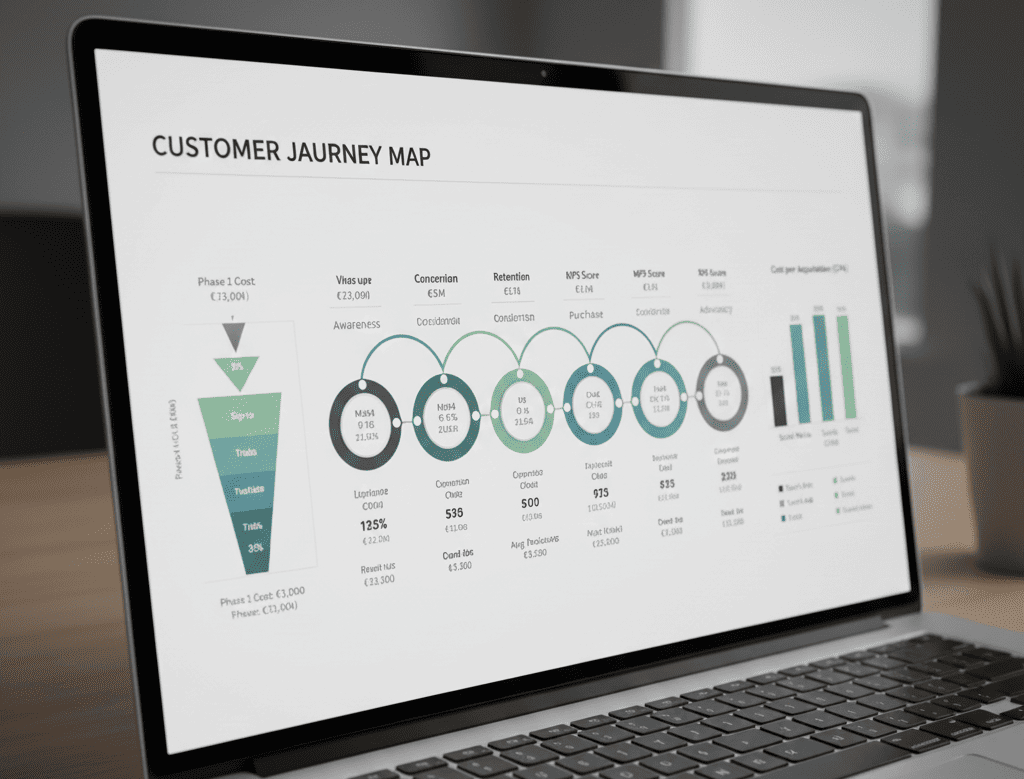Diagrama de customer journey map profesional con nodos de puntos de contacto conectados por líneas, KPIs financieros en cada etapa, gráficos de embudo de conversión y métricas de costo por fase en estilo infográfico analítico