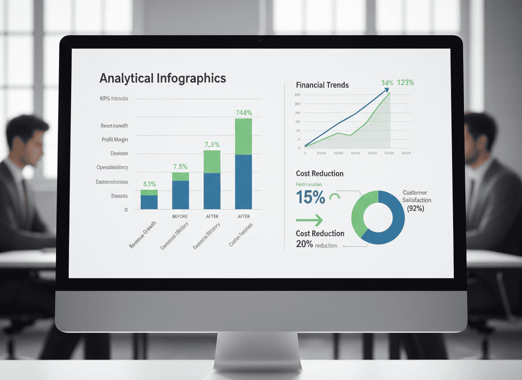 Gráfico de resultados con barras comparativas antes y después mostrando mejoras en KPIs empresariales, dashboard financiero con tendencias positivas, métricas de eficiencia operativa y satisfacción del cliente en entorno profesional