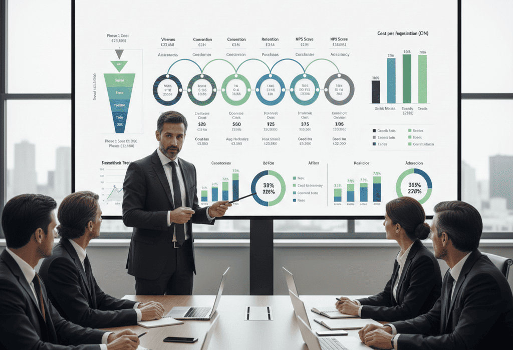 Consultor profesional presentando customer journey map detallado en pantalla grande con gráficos de métricas financieras, KPIs y flujos de proceso a equipo de directivos en sala de reuniones moderna